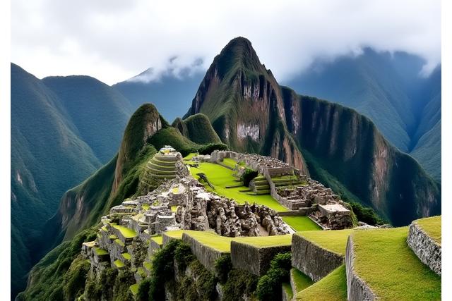 Panoramic view of Machu Picchu ruins with surrounding mountains